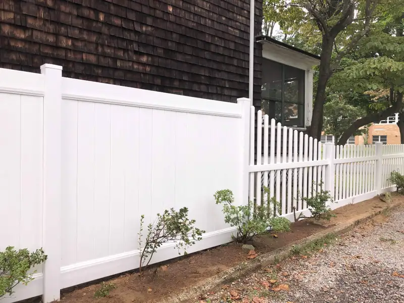 White vinyl privacy and picket fence combination by Fencing By Excellence near Hazlet, Monmouth County NJ